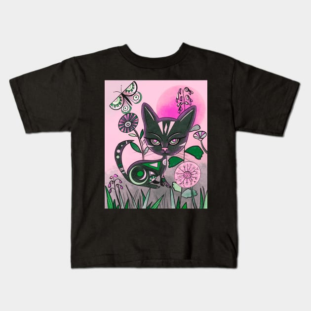 Mid Century Style Black Cat Art Kids T-Shirt by Shadesandcolor